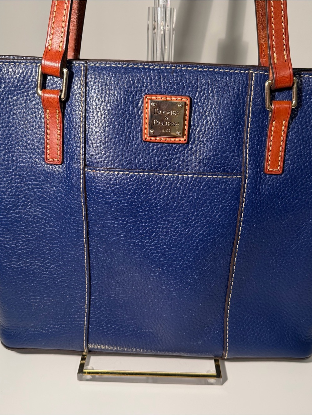 Dooney & Bourke Blue Pebbled Leather Tote with Brown Handles
